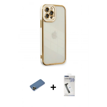 MARSİLYAN™- iPhone 12 Pro Max Kılıf Çekirdek Klasik Serisi - Şeffaf Uv Polymer Nano Ekran Koruyucu + Shine Kamera Lens Koruma Cam - GD