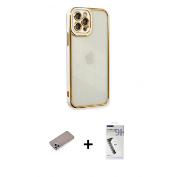 MARSİLYAN™- iPhone 12 Pro Max Kılıf Çekirdek Klasik Serisi - Şeffaf Uv Polymer Nano Ekran Koruyucu + Shine Kamera Lens Koruma Cam - SABE