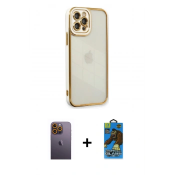 MARSİLYAN™- iPhone 12 Pro Max Kılıf Çekirdek Klasik Serisi - Siyah 18D Cam Ekran Koruyucu + Neon Fosforlu Kamera Lens - SI