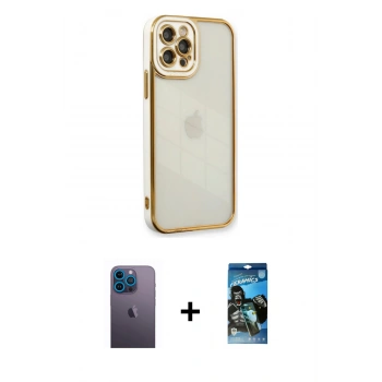 MARSİLYAN™- iPhone 12 Pro Max Kılıf Çekirdek Klasik Serisi - Siyah 34D Izgaralı Cam + Neon Fosforlu Kamera Lens - MI