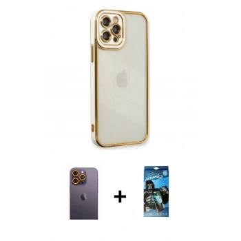 MARSİLYAN™- iPhone 12 Pro Max Kılıf Çekirdek Klasik Serisi - Siyah 34D Izgaralı Cam + Neon Fosforlu Kamera Lens - SI