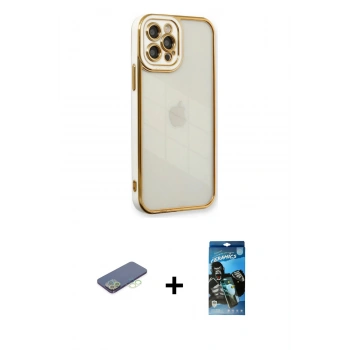 MARSİLYAN™- iPhone 12 Pro Max Kılıf Çekirdek Klasik Serisi - Siyah 34D Izgaralı Cam + Renkli Kamera Lens Koruma Cam - YL