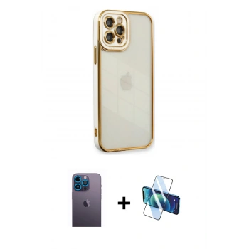 MARSİLYAN™- iPhone 12 Pro Max Kılıf Çekirdek Klasik Serisi - Siyah 3D Antistatik Cam Ekran Koruyucu + Neon Fosforlu Kamera Lens - MI