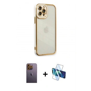 MARSİLYAN™- iPhone 12 Pro Max Kılıf Çekirdek Klasik Serisi - Siyah 3D Antistatik Cam Ekran Koruyucu + Neon Fosforlu Kamera Lens - SI