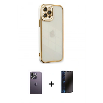 MARSİLYAN™- iPhone 12 Pro Max Kılıf Çekirdek Klasik Serisi - Siyah 3D Antistatik Hayalet Cam Ekran Koruyucu + Neon Fosforlu Kamera Lens - BZ