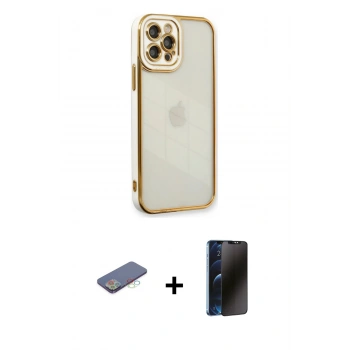 MARSİLYAN™- iPhone 12 Pro Max Kılıf Çekirdek Klasik Serisi - Siyah 3D Antistatik Hayalet Cam Ekran Koruyucu + Renkli Kamera Lens Koruma Cam - MI