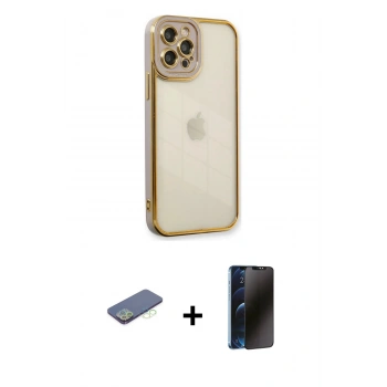 MARSİLYAN™- iPhone 12 Pro Max Kılıf Çekirdek Klasik Serisi - Siyah 3D Antistatik Hayalet Cam Ekran Koruyucu + Renkli Kamera Lens Koruma Cam - YL
