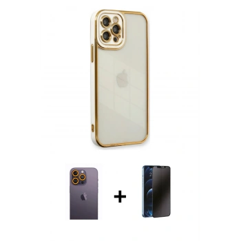 MARSİLYAN™- iPhone 12 Pro Max Kılıf Çekirdek Klasik Serisi - Siyah 3D Antistatik Hayalet Cam Ekran Koruyucu + Neon Fosforlu Kamera Lens - SI