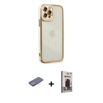 MARSİLYAN™- iPhone 12 Pro Max Kılıf Çekirdek Klasik Serisi - Siyah Bilvis Hayalet Cam Ekran Koruyucu + Renkli Kamera Lens Koruma Cam - PE