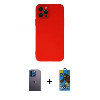 MARSİLYAN™- iPhone 12 Pro Max Kılıf Çekirdek Modern Serisi - Siyah 18D Cam Ekran Koruyucu + Neon Fosforlu Kamera Lens - MI