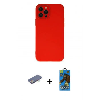 MARSİLYAN™- iPhone 12 Pro Max Kılıf Çekirdek Modern Serisi - Siyah 18D Cam Ekran Koruyucu + Renkli Kamera Lens Koruma Cam - MI