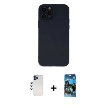 MARSİLYAN™- iPhone 12 Pro Max Kılıf Çekirdek Modern Serisi - Siyah 34D Izgaralı Cam + Shine Kamera Lens - LT