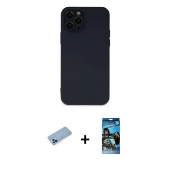 MARSİLYAN™- iPhone 12 Pro Max Kılıf Çekirdek Modern Serisi - Siyah 34D Izgaralı Cam + Shine Kamera Lens Koruma Cam - MI
