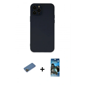 MARSİLYAN™- iPhone 12 Pro Max Kılıf Çekirdek Modern Serisi - Siyah 34D Izgaralı Cam + Shine Kamera Lens Koruma Cam - GD