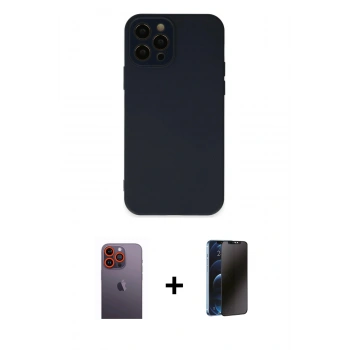 MARSİLYAN™- iPhone 12 Pro Max Kılıf Çekirdek Modern Serisi - Siyah 3D Antistatik Hayalet Cam Ekran Koruyucu + Neon Fosforlu Kamera Lens - TU