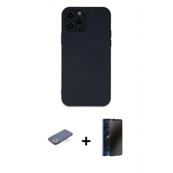 MARSİLYAN™- iPhone 12 Pro Max Kılıf Çekirdek Modern Serisi - Siyah 3D Antistatik Hayalet Cam Ekran Koruyucu + Renkli Kamera Lens Koruma Cam - MI