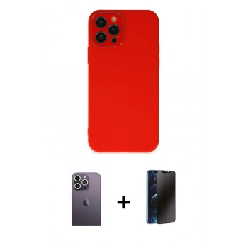 MARSİLYAN™- iPhone 12 Pro Max Kılıf Çekirdek Modern Serisi - Siyah 3D Antistatik Hayalet Cam Ekran Koruyucu + Neon Fosforlu Kamera Lens - BZ