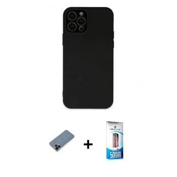MARSİLYAN™- iPhone 12 Pro Max Kılıf Çekirdek Modern Serisi - Siyah 5D Eko Cam Ekran Koruyucu + Shine Kamera Lens Koruma Cam - SH