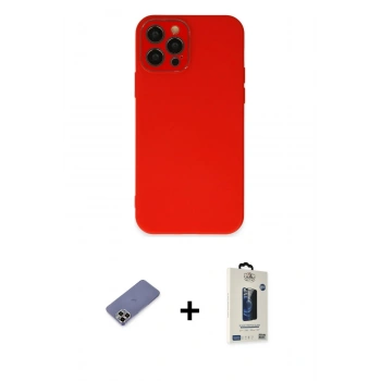 MARSİLYAN™- iPhone 12 Pro Max Kılıf Çekirdek Modern Serisi - Siyah Bilvis Hayalet Cam Ekran Koruyucu + Metal Kamera Lens Koruma Cam - GD