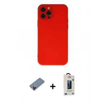 MARSİLYAN™- iPhone 12 Pro Max Kılıf Çekirdek Modern Serisi - Siyah Bilvis Hayalet Cam Ekran Koruyucu + Metal Kamera Lens Koruma Cam - KI