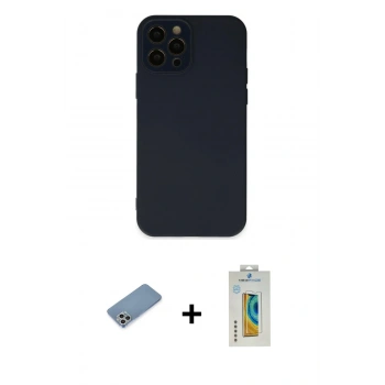 MARSİLYAN™- iPhone 12 Pro Max Kılıf Çekirdek Modern Serisi - Siyah Polymer Nano Ekran Koruyucu + Shine Kamera Lens Koruma Cam - GS