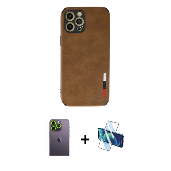 MARSİLYAN™- iPhone 12 Pro Max Kılıf Doruk Asil Koleksiyonu - Siyah 3D Antistatik Cam Ekran Koruyucu + Neon Fosforlu Kamera Lens - YL