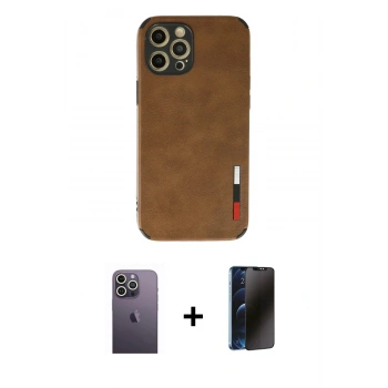 MARSİLYAN™- iPhone 12 Pro Max Kılıf Doruk Asil Koleksiyonu - Siyah 3D Antistatik Hayalet Cam Ekran Koruyucu + Neon Fosforlu Kamera Lens - BZ