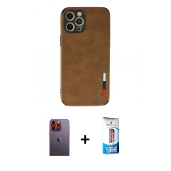 MARSİLYAN™- iPhone 12 Pro Max Kılıf Doruk Asil Koleksiyonu - Siyah 5D Eko Cam Ekran Koruyucu + Neon Fosforlu Kamera Lens - TU