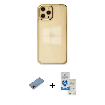 MARSİLYAN™- iPhone 12 Pro Max Kılıf Doruk Doku Prime - Şeffaf Royal Nano Ekran Koruyucu + Shine Kamera Lens Koruma Cam - PE
