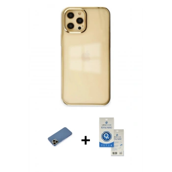 MARSİLYAN™- iPhone 12 Pro Max Kılıf Doruk Doku Prime - Şeffaf Royal Nano Ekran Koruyucu + Shine Kamera Lens Koruma Cam - GD