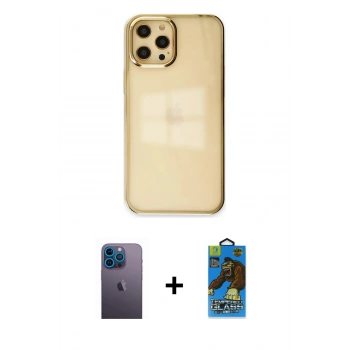 MARSİLYAN™- iPhone 12 Pro Max Kılıf Doruk Doku Prime - Siyah 18D Cam Ekran Koruyucu + Neon Fosforlu Kamera Lens - MI