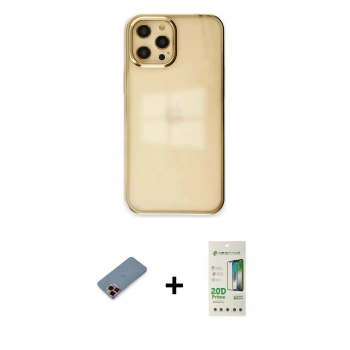 MARSİLYAN™- iPhone 12 Pro Max Kılıf Doruk Doku Prime - Siyah 20D Premium Cam Ekran Koruyucu + Metal Kamera Lens Koruma Cam - KI