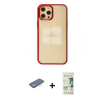 MARSİLYAN™- iPhone 12 Pro Max Kılıf Doruk Doku Prime - Siyah 20D Premium Cam Ekran Koruyucu + Renkli Kamera Lens Koruma Cam - YL