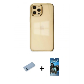 MARSİLYAN™- iPhone 12 Pro Max Kılıf Doruk Doku Prime - Siyah 34D Izgaralı Cam + Shine Kamera Lens Koruma Cam - MI