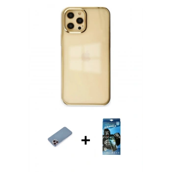 MARSİLYAN™- iPhone 12 Pro Max Kılıf Doruk Doku Prime - Siyah 34D Izgaralı Cam + Shine Kamera Lens Koruma Cam - PE