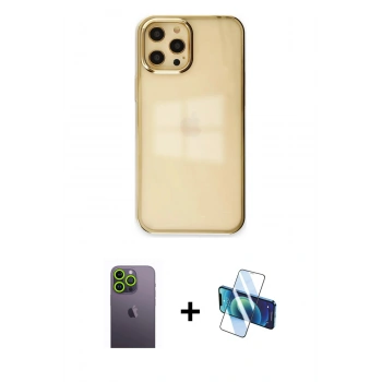 MARSİLYAN™- iPhone 12 Pro Max Kılıf Doruk Doku Prime - Siyah 3D Antistatik Cam Ekran Koruyucu + Neon Fosforlu Kamera Lens - YL