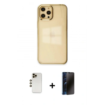 MARSİLYAN™- iPhone 12 Pro Max Kılıf Doruk Doku Prime - Siyah 3D Antistatik Hayalet Cam Ekran Koruyucu + Shine Kamera Lens - GD