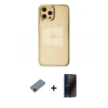 MARSİLYAN™- iPhone 12 Pro Max Kılıf Doruk Doku Prime - Siyah 3D Antistatik Hayalet Cam Ekran Koruyucu + Metal Kamera Lens Koruma Cam - KI