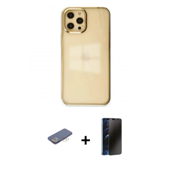 MARSİLYAN™- iPhone 12 Pro Max Kılıf Doruk Doku Prime - Siyah 3D Antistatik Hayalet Cam Ekran Koruyucu + Renkli Kamera Lens Koruma Cam - MI