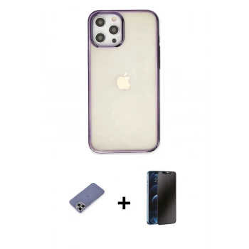 MARSİLYAN™- iPhone 12 Pro Max Kılıf Doruk Doku Prime - Siyah 3D Antistatik Hayalet Cam Ekran Koruyucu + Metal Kamera Lens Koruma Cam - GD