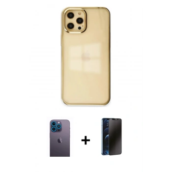 MARSİLYAN™- iPhone 12 Pro Max Kılıf Doruk Doku Prime - Siyah 3D Antistatik Hayalet Cam Ekran Koruyucu + Neon Fosforlu Kamera Lens - MI