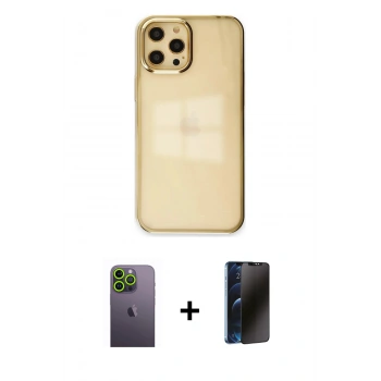 MARSİLYAN™- iPhone 12 Pro Max Kılıf Doruk Doku Prime - Siyah 3D Antistatik Hayalet Cam Ekran Koruyucu + Neon Fosforlu Kamera Lens - YL