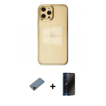 MARSİLYAN™- iPhone 12 Pro Max Kılıf Doruk Doku Prime - Siyah 3D Antistatik Hayalet Cam Ekran Koruyucu + Shine Kamera Lens Koruma Cam - SH