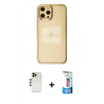 MARSİLYAN™- iPhone 12 Pro Max Kılıf Doruk Doku Prime - Siyah 5D Eko Cam Ekran Koruyucu + Shine Kamera Lens - GD