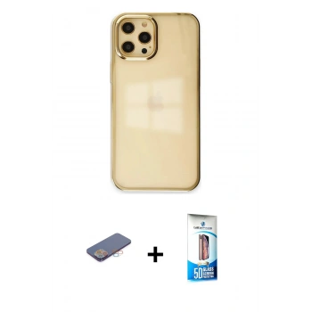 MARSİLYAN™- iPhone 12 Pro Max Kılıf Doruk Doku Prime - Siyah 5D Eko Cam Ekran Koruyucu + Renkli Kamera Lens Koruma Cam - PE