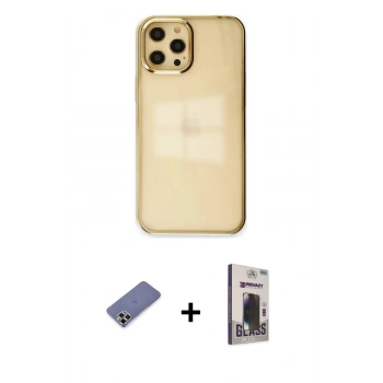 MARSİLYAN™- iPhone 12 Pro Max Kılıf Doruk Doku Prime - Siyah Bilvis Hayalet Cam Ekran Koruyucu + Metal Kamera Lens Koruma Cam - GD