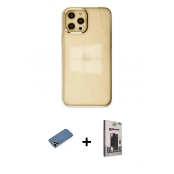 MARSİLYAN™- iPhone 12 Pro Max Kılıf Doruk Doku Prime - Siyah Bilvis Hayalet Cam Ekran Koruyucu + Shine Kamera Lens Koruma Cam - GD