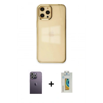MARSİLYAN™- iPhone 12 Pro Max Kılıf Doruk Doku Prime - Siyah Polymer Nano Ekran Koruyucu + Neon Fosforlu Kamera Lens - BZ