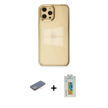 MARSİLYAN™- iPhone 12 Pro Max Kılıf Doruk Doku Prime - Siyah Polymer Nano Ekran Koruyucu + Renkli Kamera Lens Koruma Cam - SI