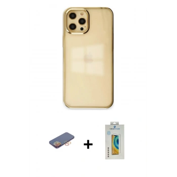 MARSİLYAN™- iPhone 12 Pro Max Kılıf Doruk Doku Prime - Siyah Polymer Nano Ekran Koruyucu + Renkli Kamera Lens Koruma Cam - TU